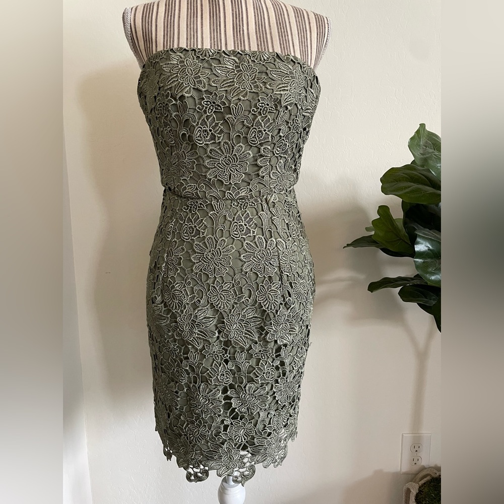 Reiss Sage Green Lace Strapless Dress